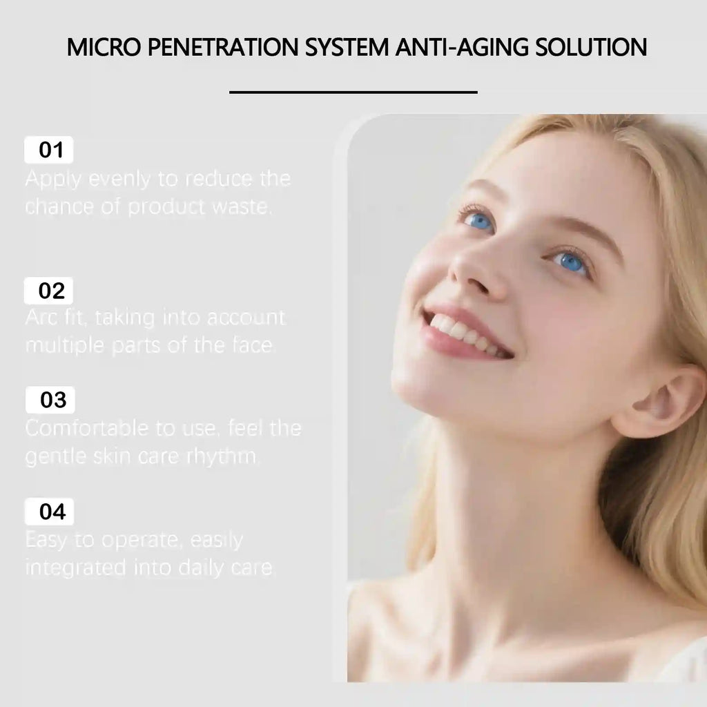 A smiling blonde woman with clear skin next to a numbered list of instructions for an anti-aging essence product.