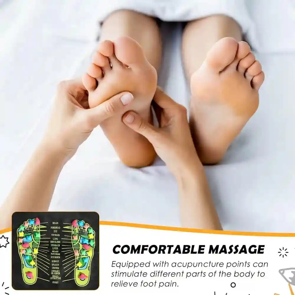 Foot reflexology massage mat with colorful acupressure stone points for pain relief and acupoint stimulation.