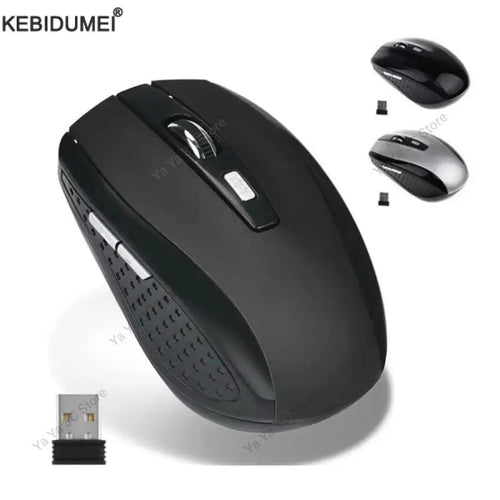 Black ergonomic wireless mouse with side buttons, scroll wheel, DPI switch, and USB receiver. Kebidumei brand.