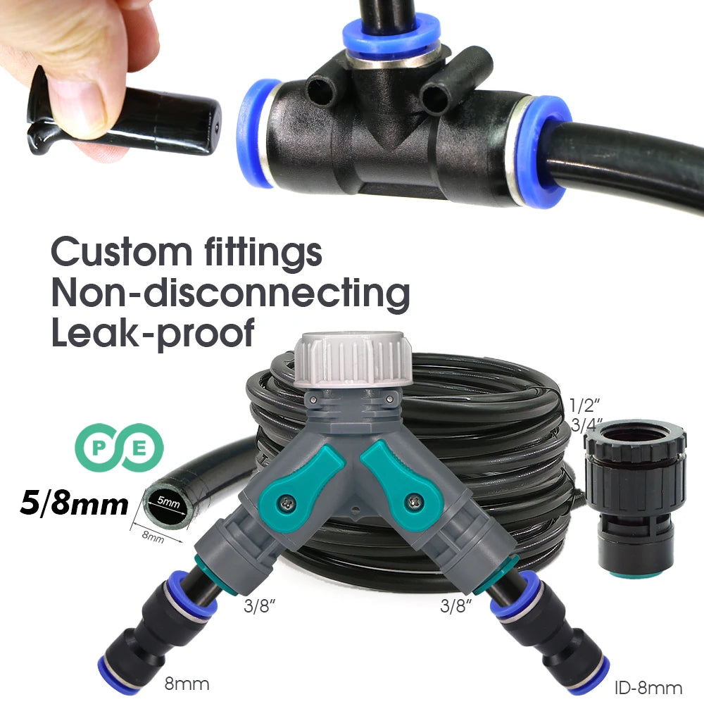 Black non-disconnecting leak-proof connector manifold with teal grips and bundled coil hose