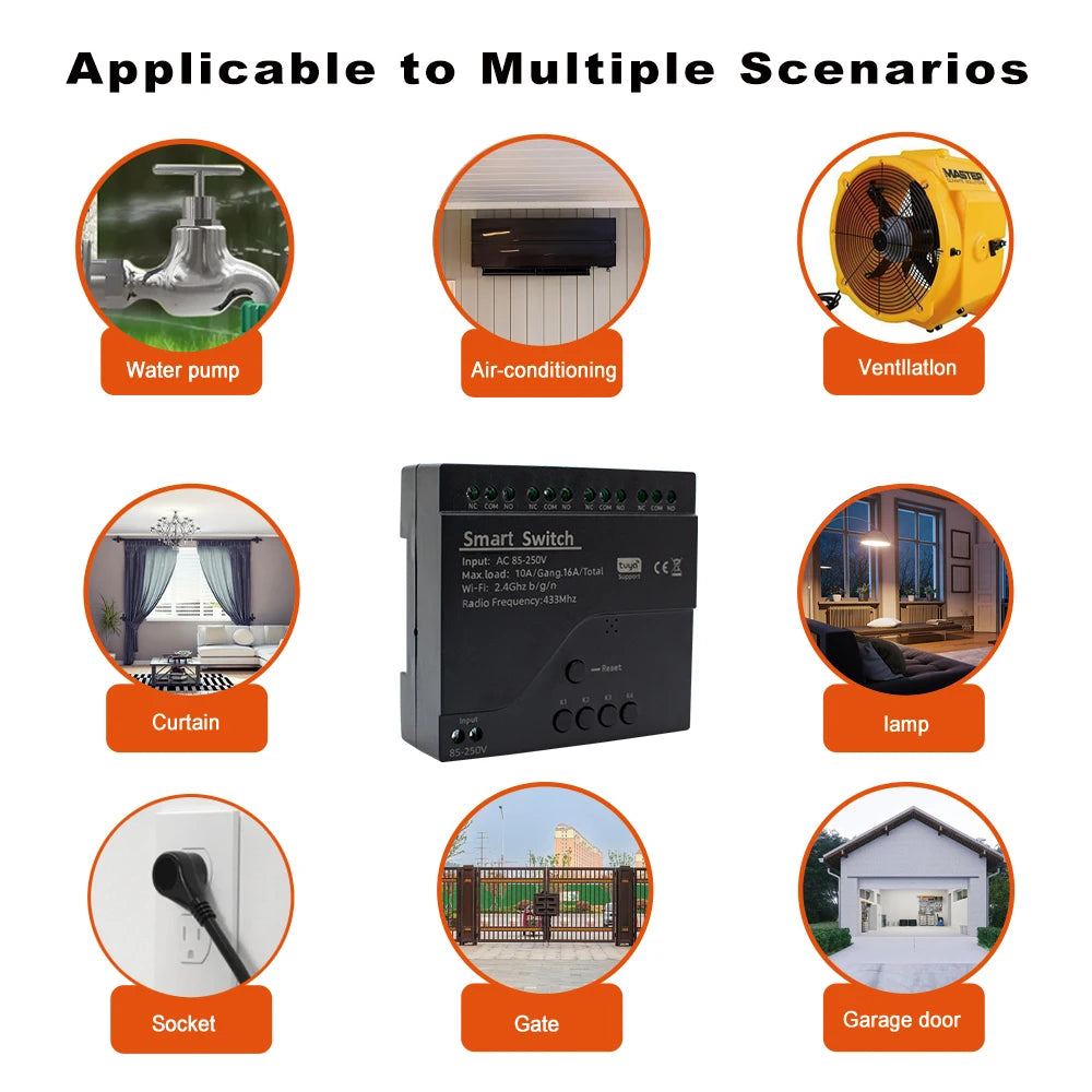 Black Style Tuya 4CH Wifi Smart Home Appliance Control Switch Module 220V 85-250V 10A Relay With Momentary Toggle Interlock Mode
