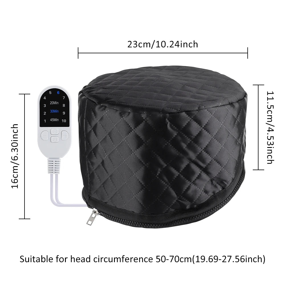 Black quilted electric hair steamer cap with 10-level temp control, timer, and size dimensions for home hair spa care.