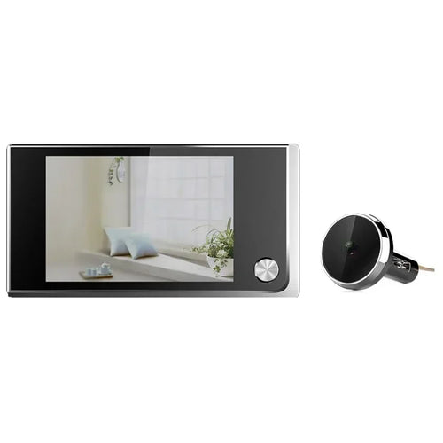 Black LCD doorbell peephole monitor with side button and round camera module