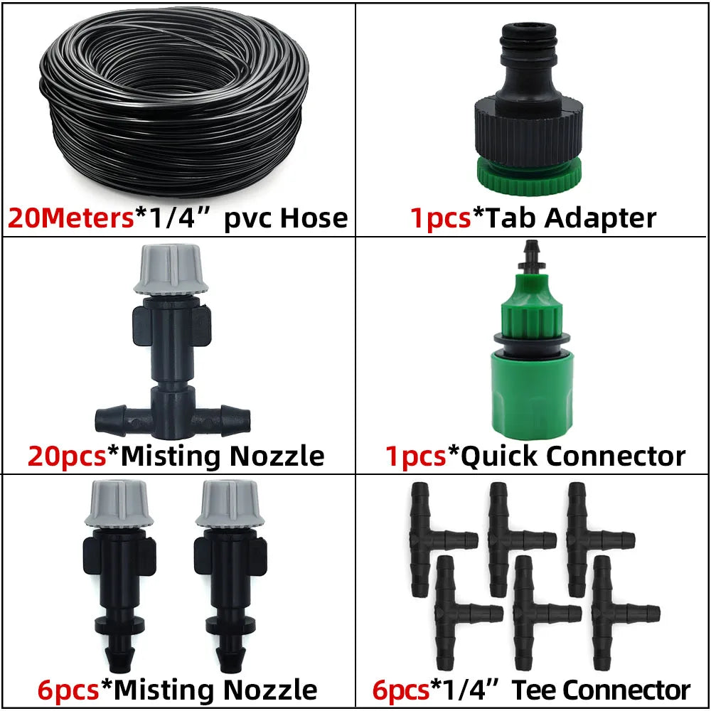 Outdoor misting hose kit with 20m black tubing, brass misting nozzles, green connector, tees.