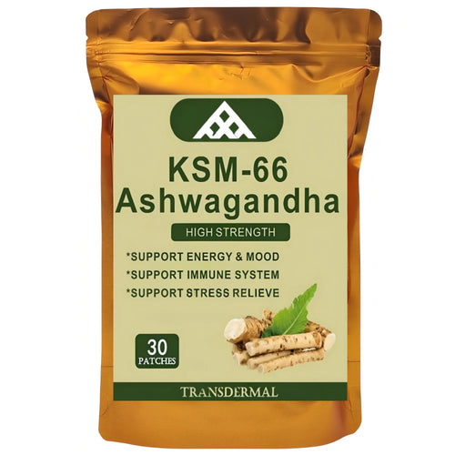 KSM-66 Ashwagandha 30-patch supplement in gold pouch for adaptogen stress relief and energy support.