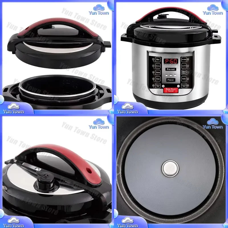 Electric pressure rice cooker with stainless body, black lid, red handle accents