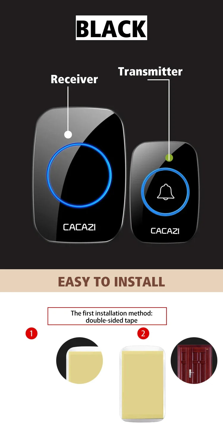 CACAZI 36 music 110DB 300M Wireless Doorbell Waterproof Remote Battery powered Smart Door Bell Battery 1  2 Button 1 2  Receiver