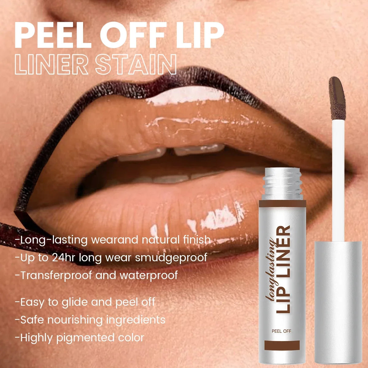 Brown peel-off lip liner stain in tube with applicator, creating a long-lasting, waterproof matte lip tint effect.