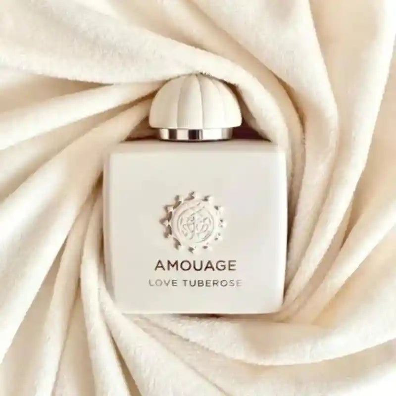 Amouage Love Tuberose EDP: White square bottle, floral unisex luxury Arabic perfume with iconic dome-shaped cap.