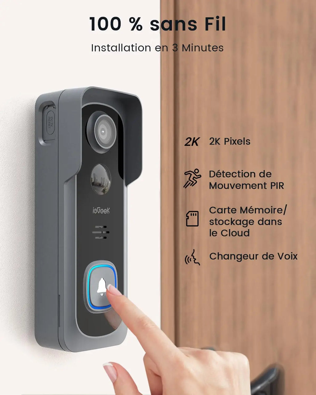 ieGeek Wireless Doorbell with Camera, 2K  Waterproof IP66, No Monthly Fees,  Two-Way Audio, Human PIR Detection,2.4G WiFi
