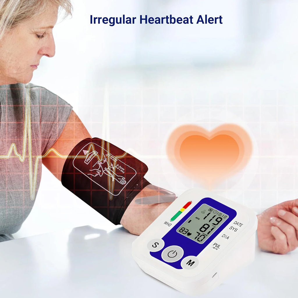 Portable Arm Blood Pressure Monitor BP Automatic Professional Medical Tonometer Digital Tensiometer Heart Rate Monitor White