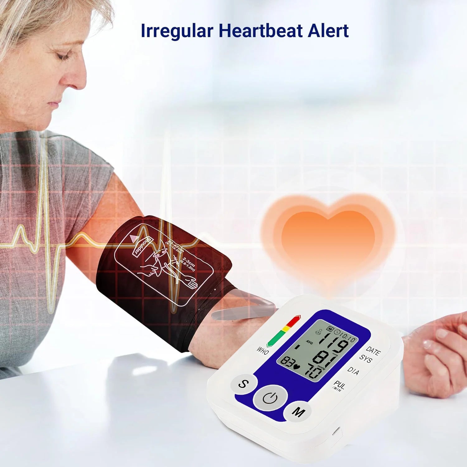 Portable Arm Blood Pressure Monitor BP Automatic Professional Medical Tonometer Digital Tensiometer Heart Rate Monitor White