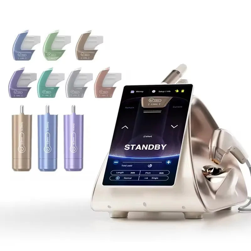 Ultrasound skin tightening machine with touchscreen display, handheld applicator, and various colored replacement heads.