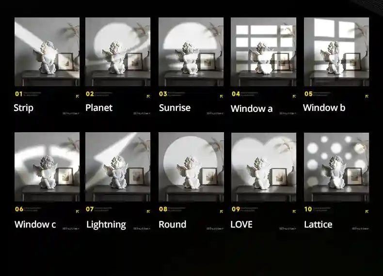 Ten light projection discs with varied patterns like grids, circles, and hearts to create atmospheric wall shadows.
