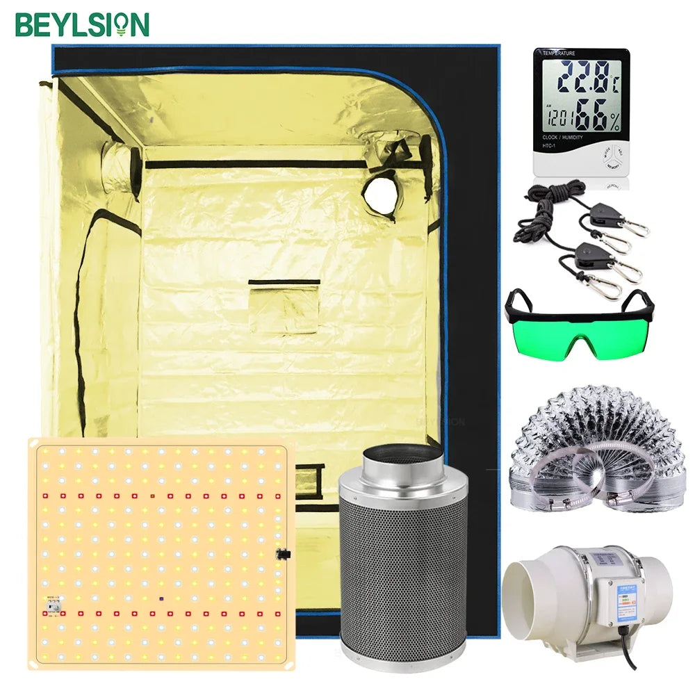 Grow tent kit with yellow lining, LED panel, duct fans, controller display and green glasses