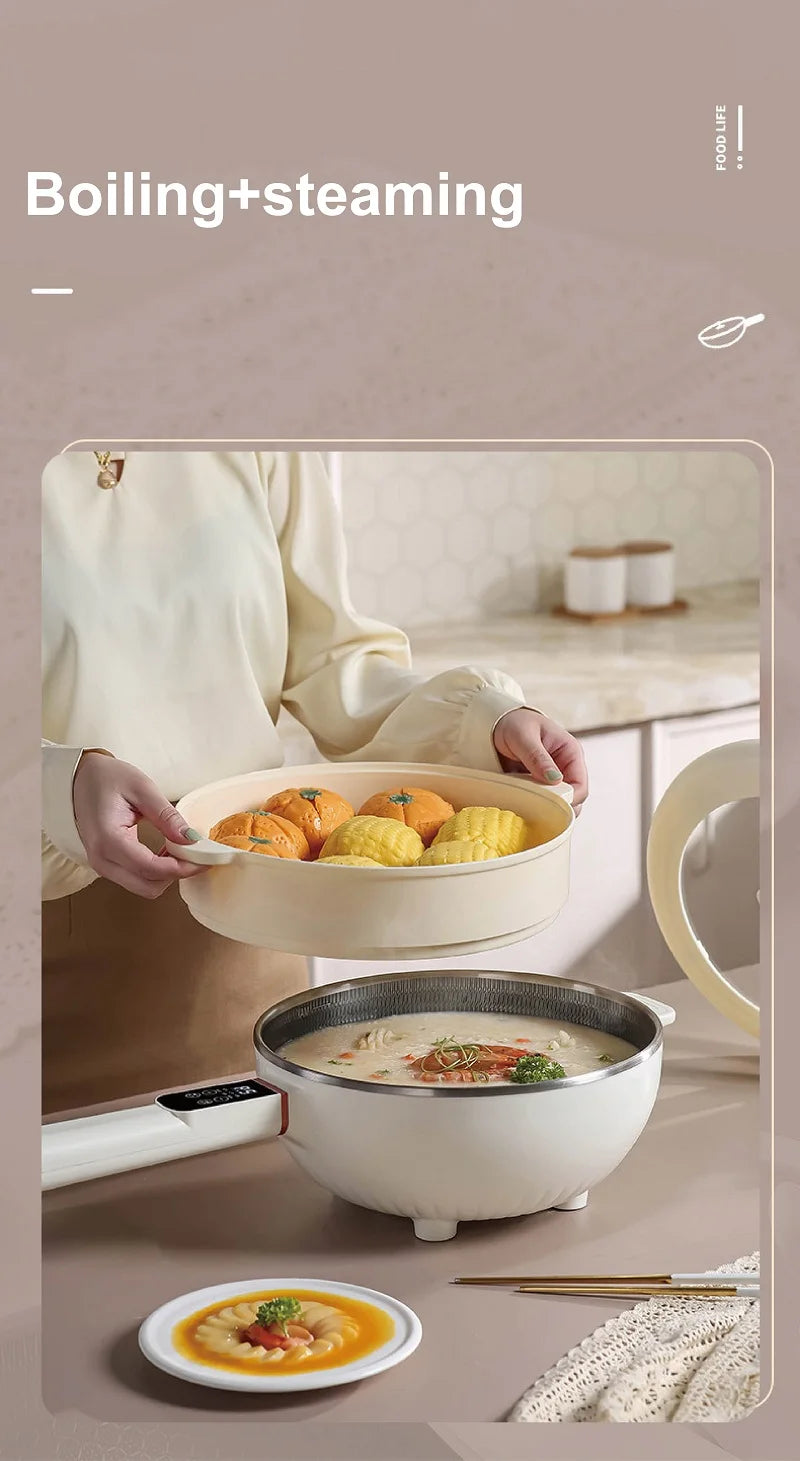 Electric cooking pot for boiling and steaming, steaming lid cooking bowl on counter