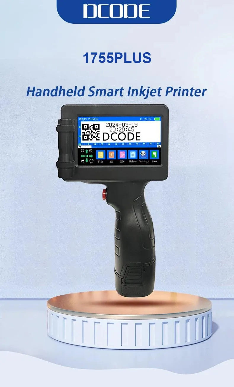 Handheld smart inkjet printer with touchscreen displaying QR code and date