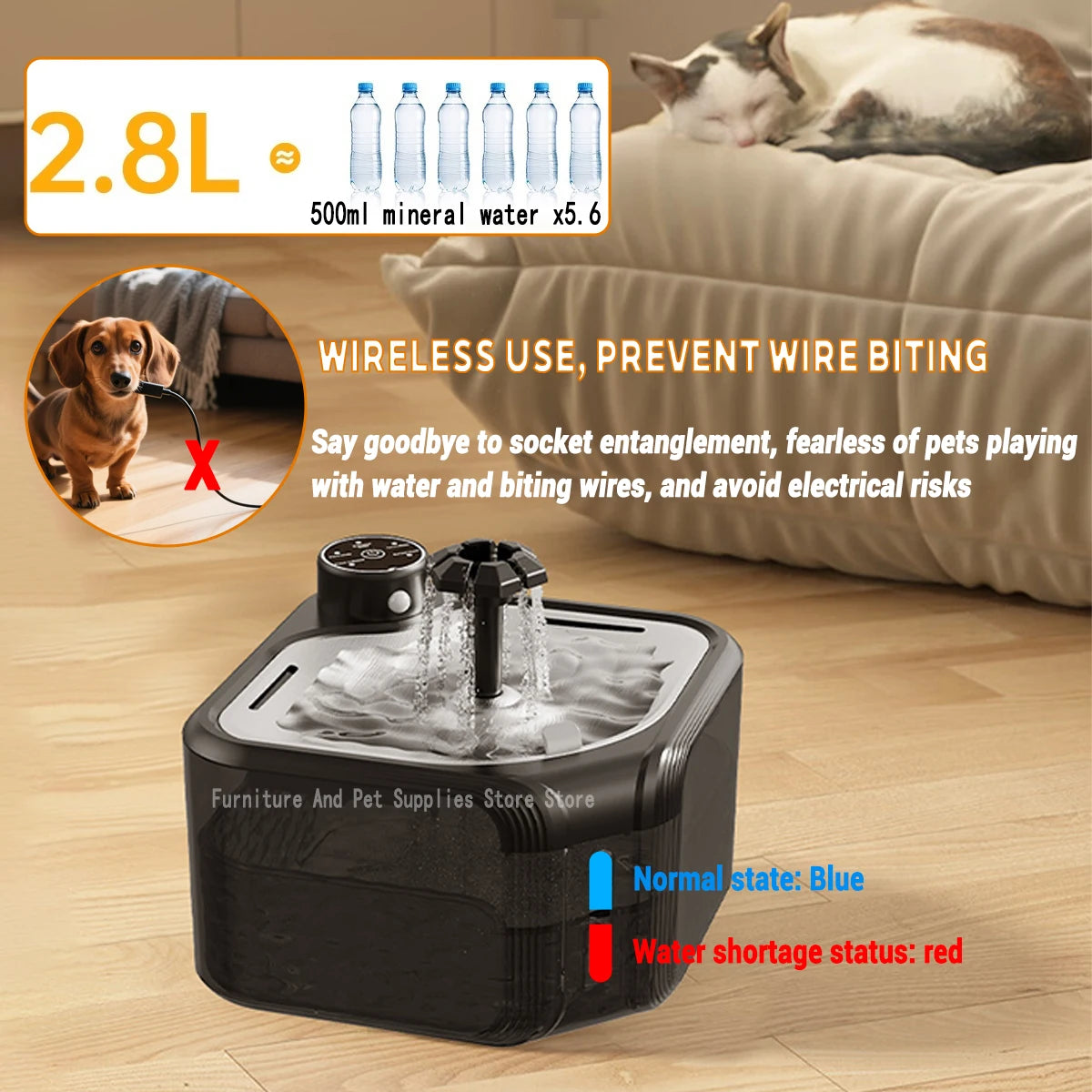 Wireless 2.8L automatic cat and dog water fountain with infrared sensor and battery for safe, clean pet hydration.