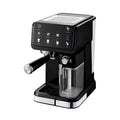 Black digital espresso machine with milk frother and touch control panel for home coffee brewing.