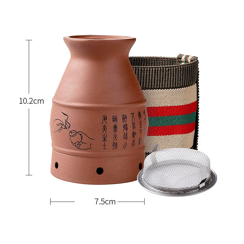 Brown ceramic moxibustion burner with Asian-style graphics, a mesh screen, and a striped fabric wrap. 10.2cm height.
