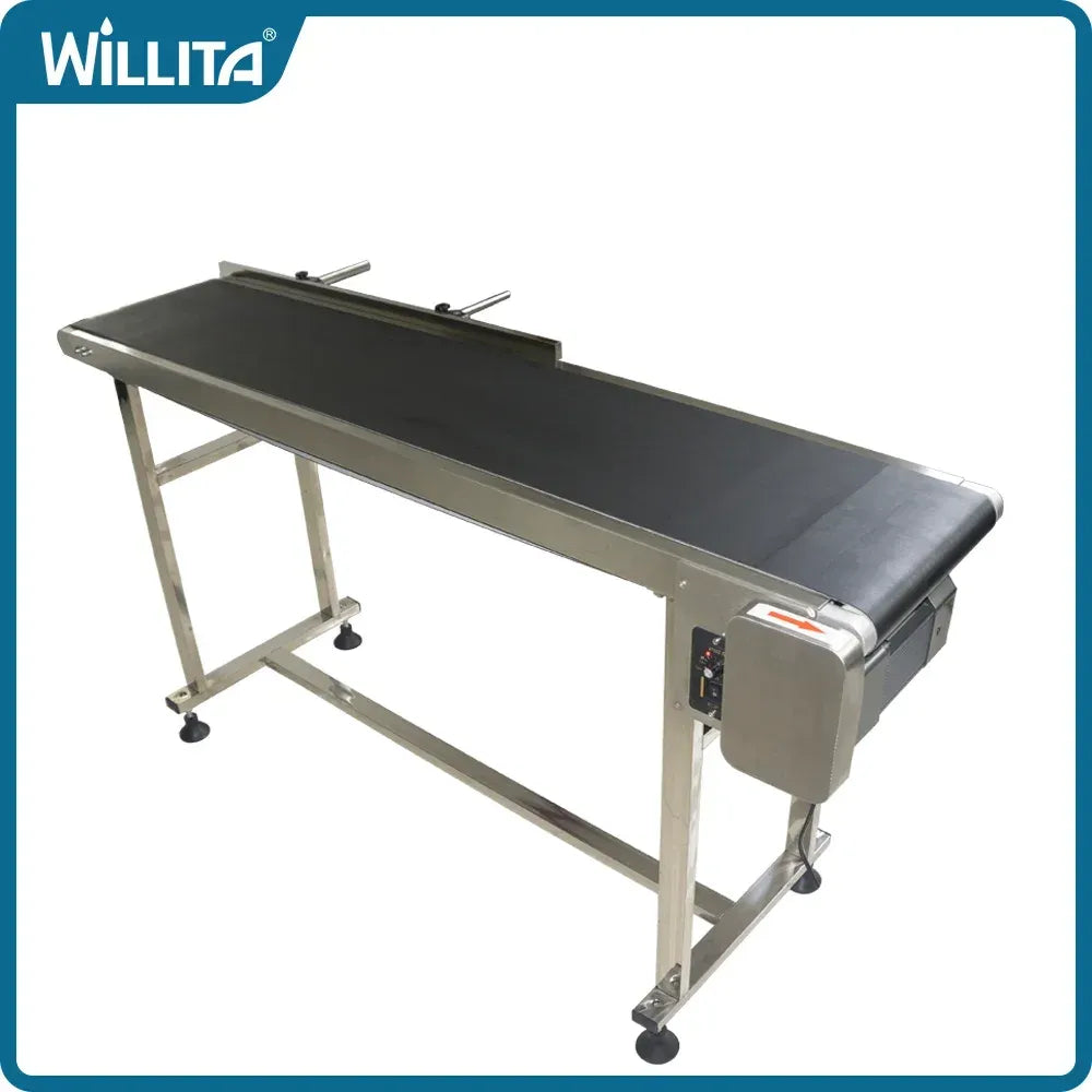 Industrial conveyor belt inkjet printer with black print bed and control panel
