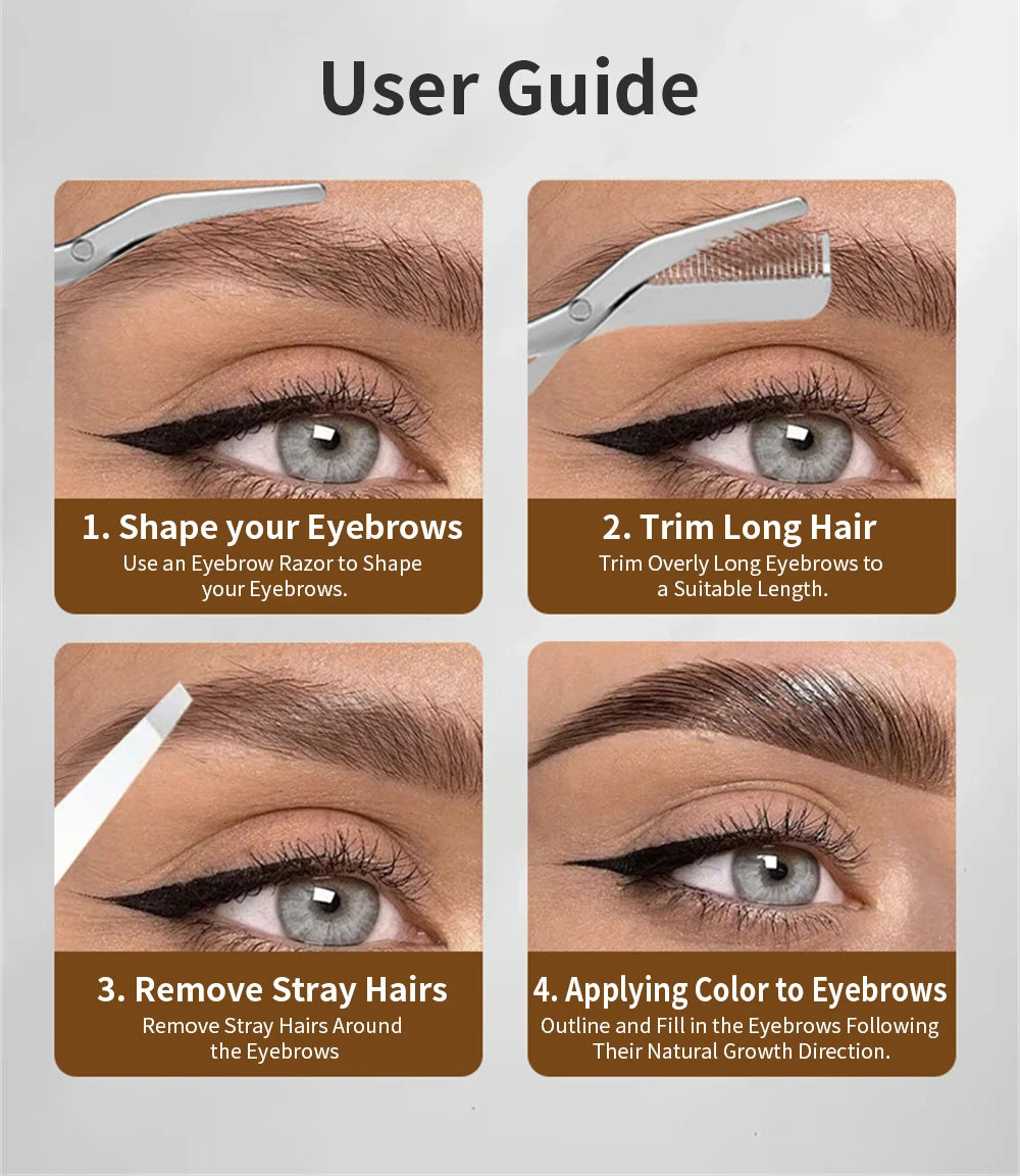 Instructional user guide showing stainless steel eyebrow trimmer, razor, and tweezers for professional shaping and grooming.