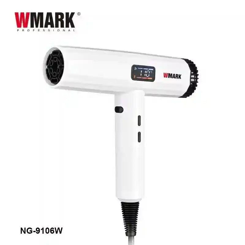 WMARK NG-9106W white professional hair dryer with LCD temperature display and speed controls for salon-quality styling.