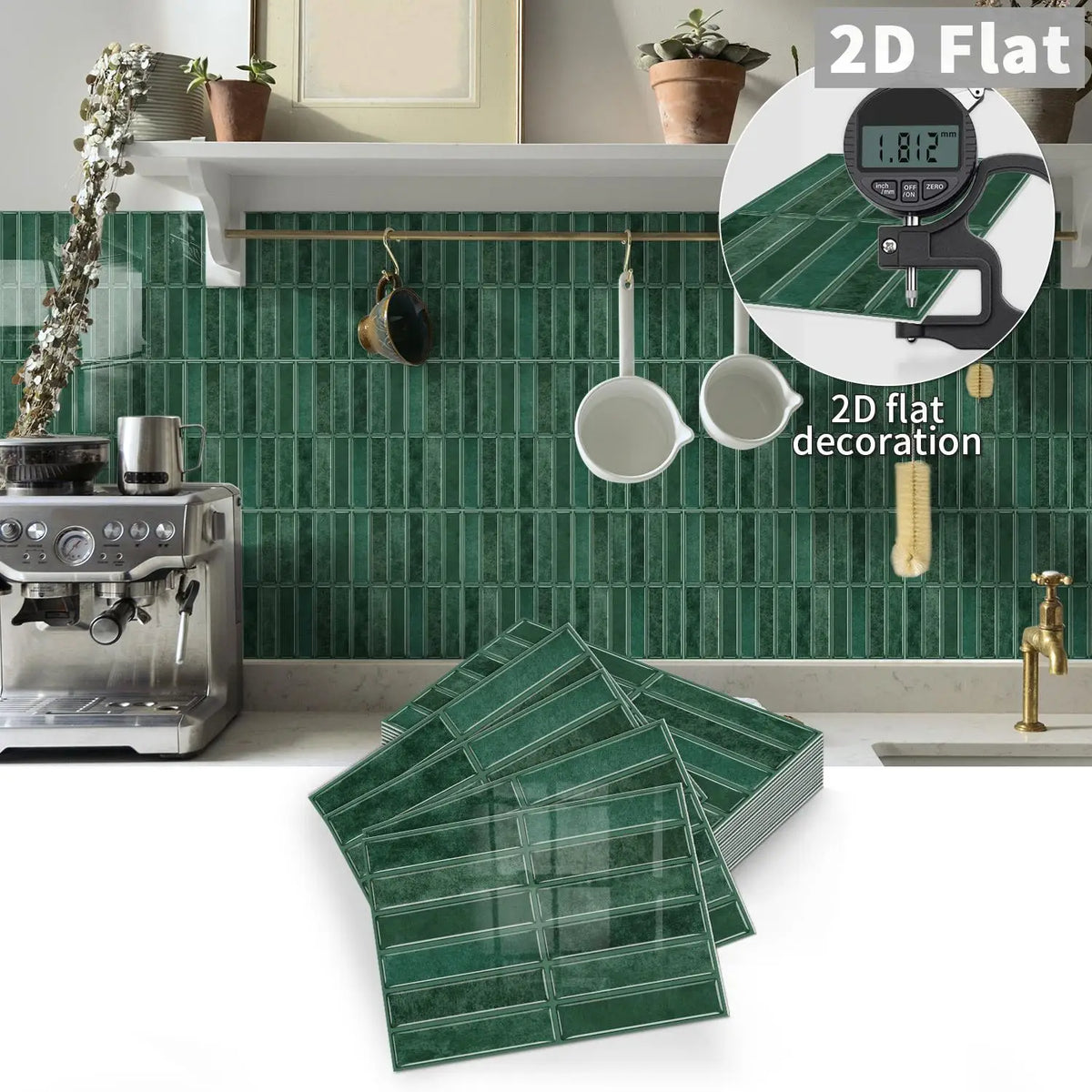 Peel-and-stick tile decal sheets, deep green square tile grid pattern, flat 2D