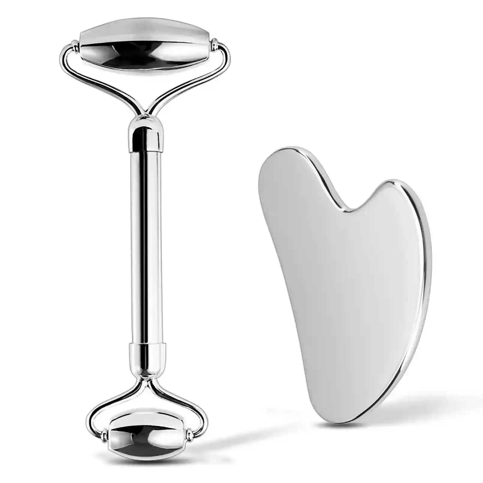 Silver stainless steel facial roller with two heads and a matching heart-shaped gua sha tool on a white background.