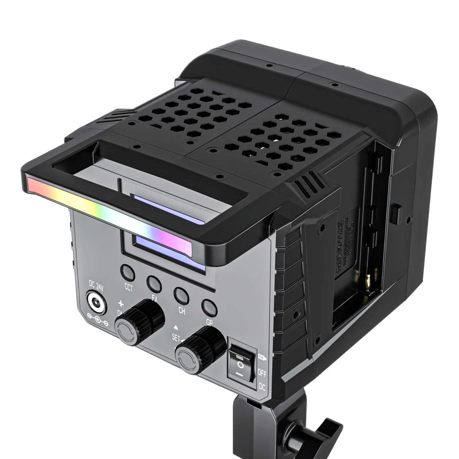 Black studio LED video light with control panel, LCD screen, adjustment knobs, and a top-mounted cooling vent.