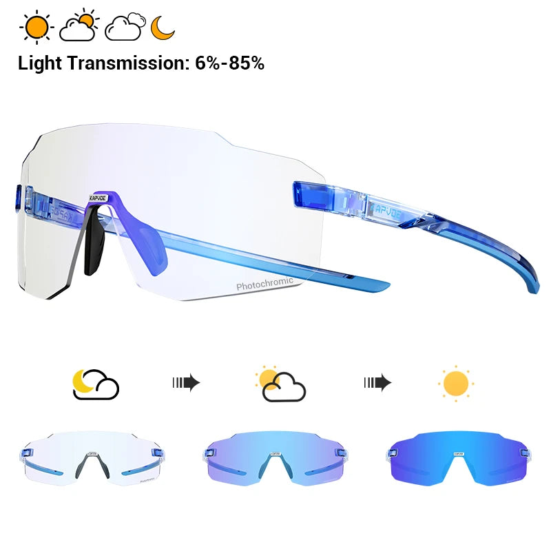 Photochromic cycling sunglasses with blue mirrored shield lenses and blue translucent frame