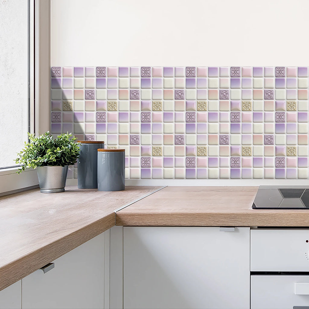 10pcs Flat Mosaic Tiles Sticker Set Kitchen Bathroom Wall Decals Gloss Waterproof Film 2D Surface Cover Transfers for Home Decor