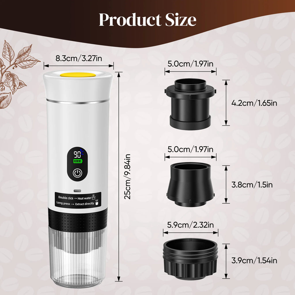 Portable white electric coffee maker with digital display, heating element, and labeled dimensions for travel brewing.