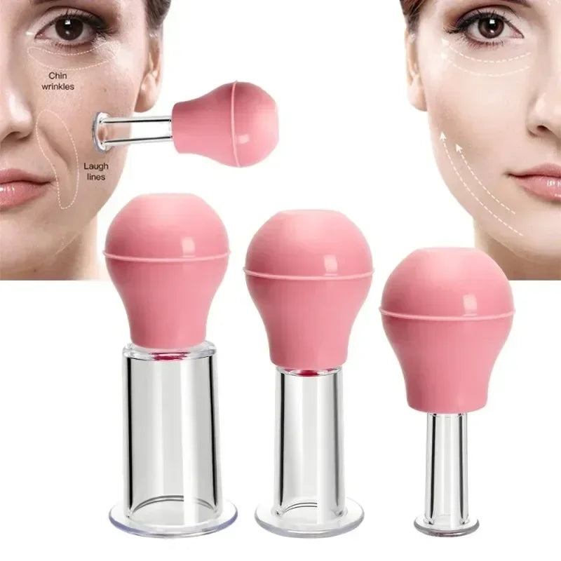 Three pink and clear vacuum facial massage cups of varying sizes, shown being used on a woman's face.