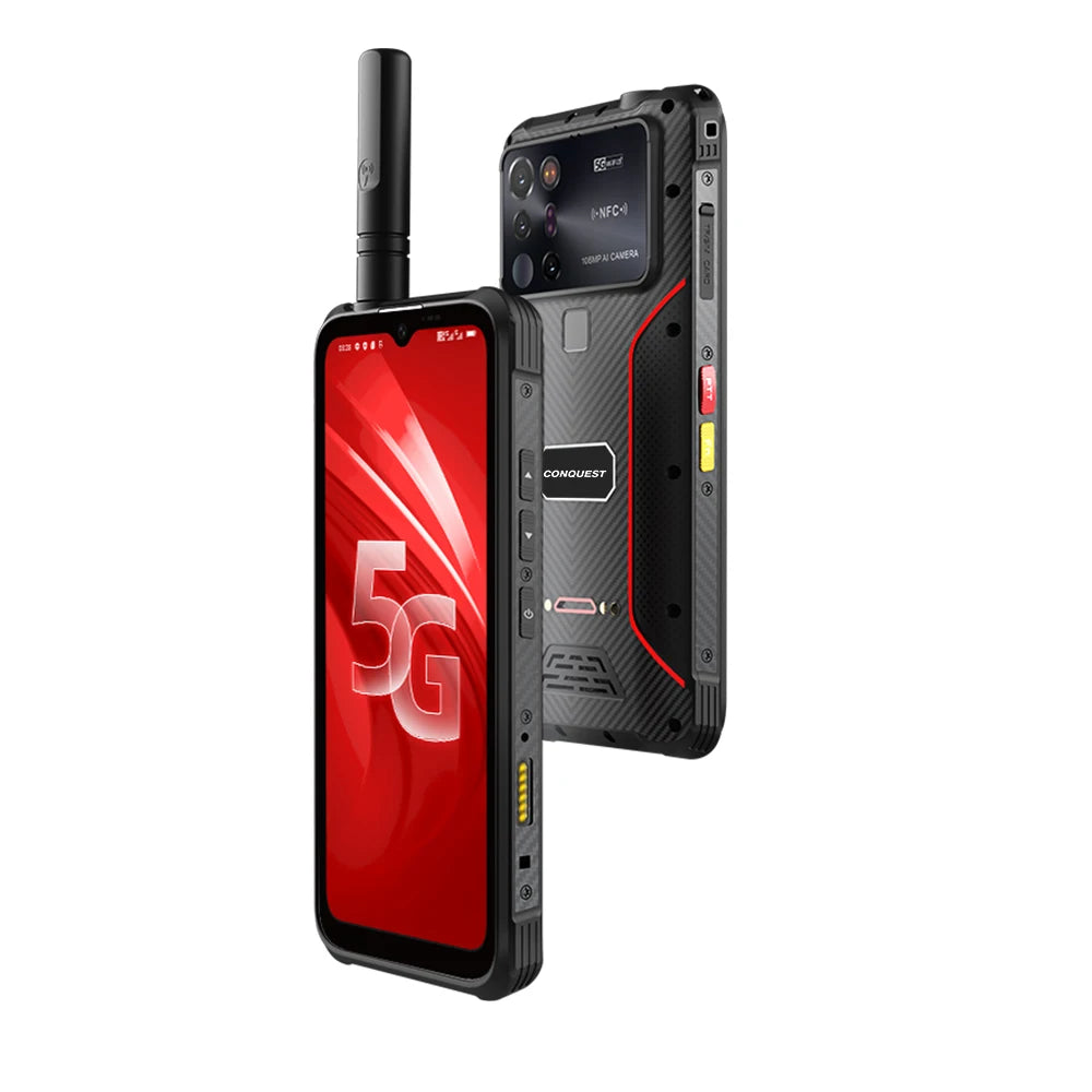 CONQUEST 5G rugged smartphone with external antenna, 108MP camera, black-red casing, front and back view, IP68 rated.