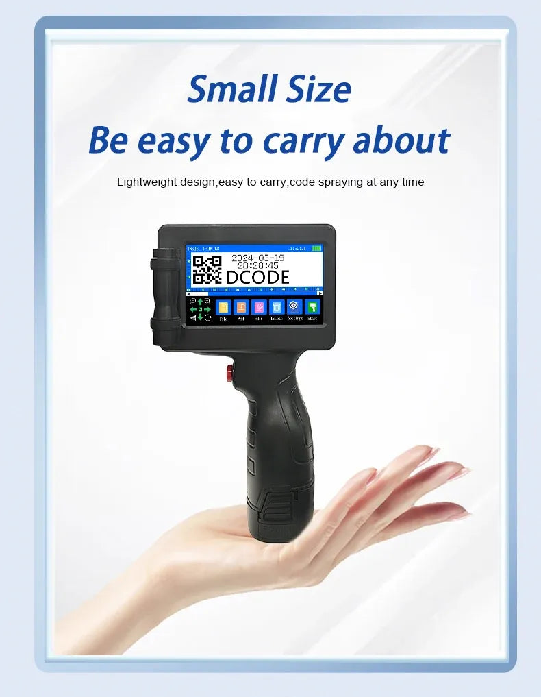 Handheld inkjet printer held in hand with touchscreen ready for quick printing