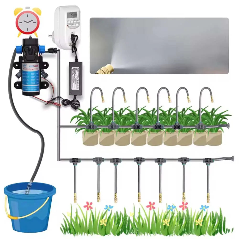 Outdoor mist irrigation setup with water pump, timer, tubing, and spray stakes.