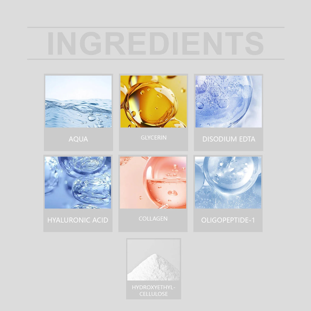 Ingredients list graphic showing water, oils, and chemical compounds used in skincare formulations.