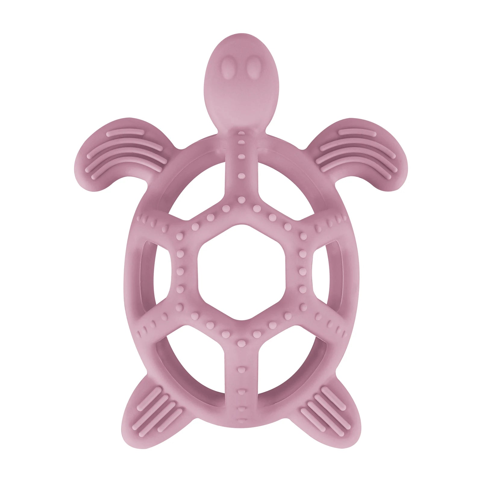 Dusty pink silicone turtle teething toy for baby pain relief.