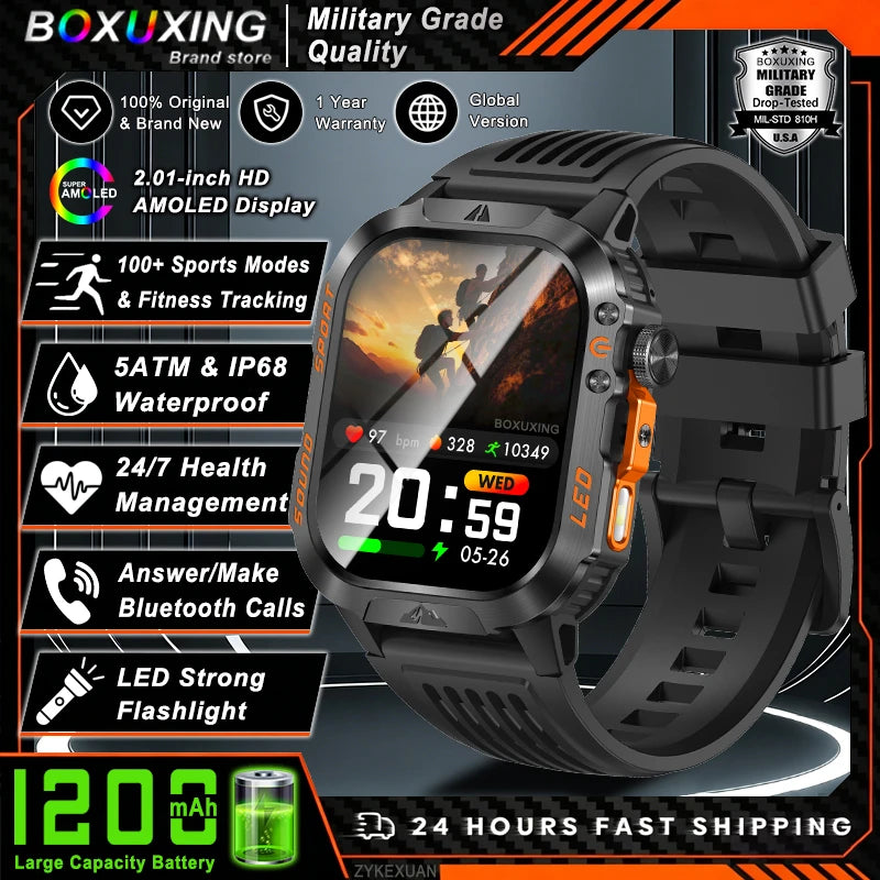 New 1200 mAh Battery Rugged Military Smartwatch Men 5ATM Waterproof Fitness Tracker Health Monitor 100+Sports Call Smart Watches