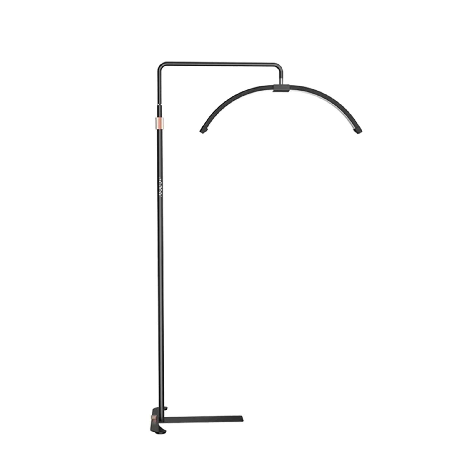 Black semi-circle LED floor lamp with an adjustable metal stand for beauty, makeup, or photography lighting.