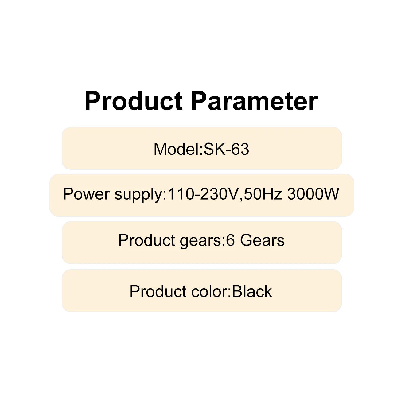 Black 3000W professional hair dryer specifications: 6-speed settings, SK-63 industrial-grade styling tool parameters.