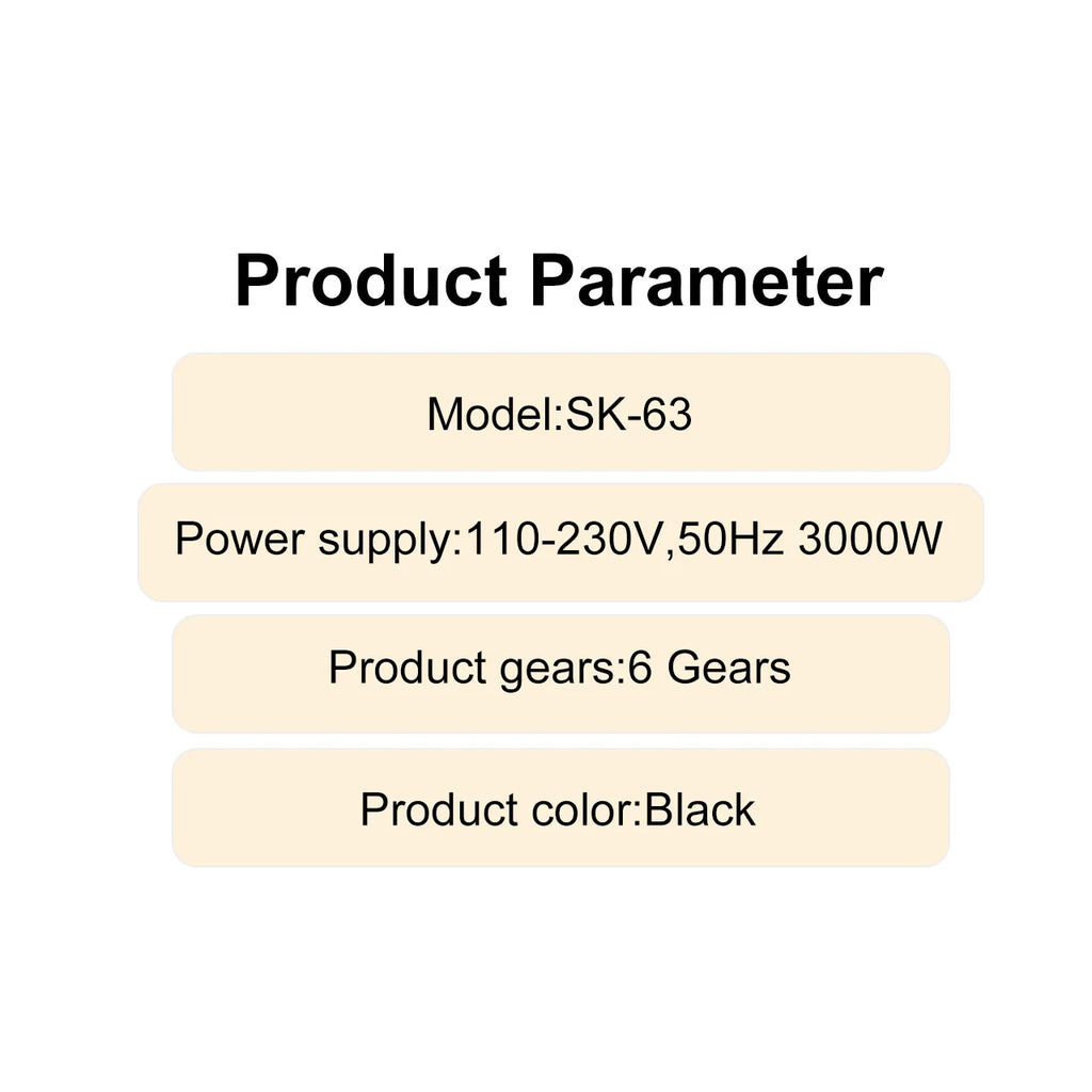 Black 3000W professional hair dryer specifications: 6 speed settings and 110-230V power for fast salon styling.