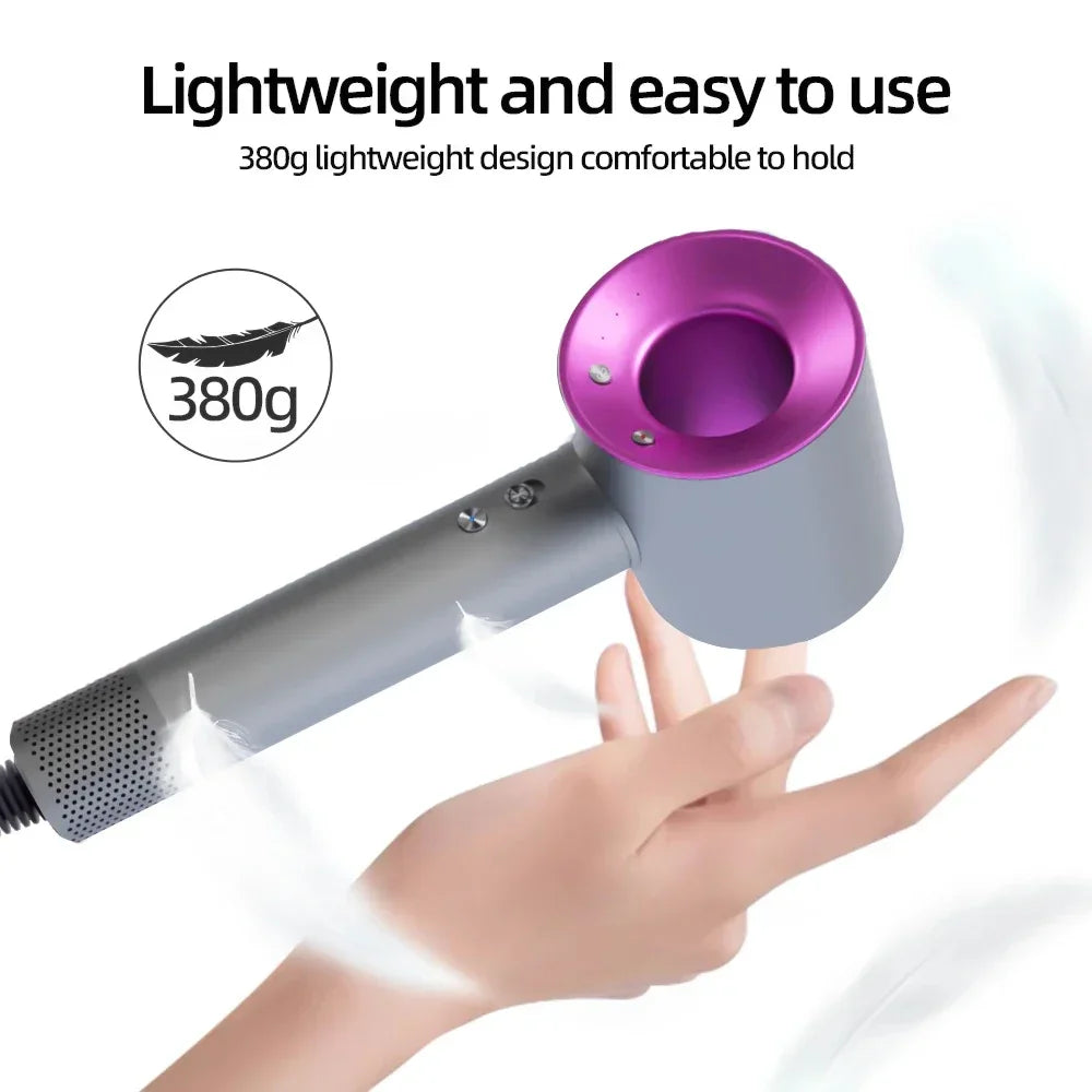 Portable 380g leafless hair dryer in grey and purple, featuring negative ion technology and lightweight salon design.