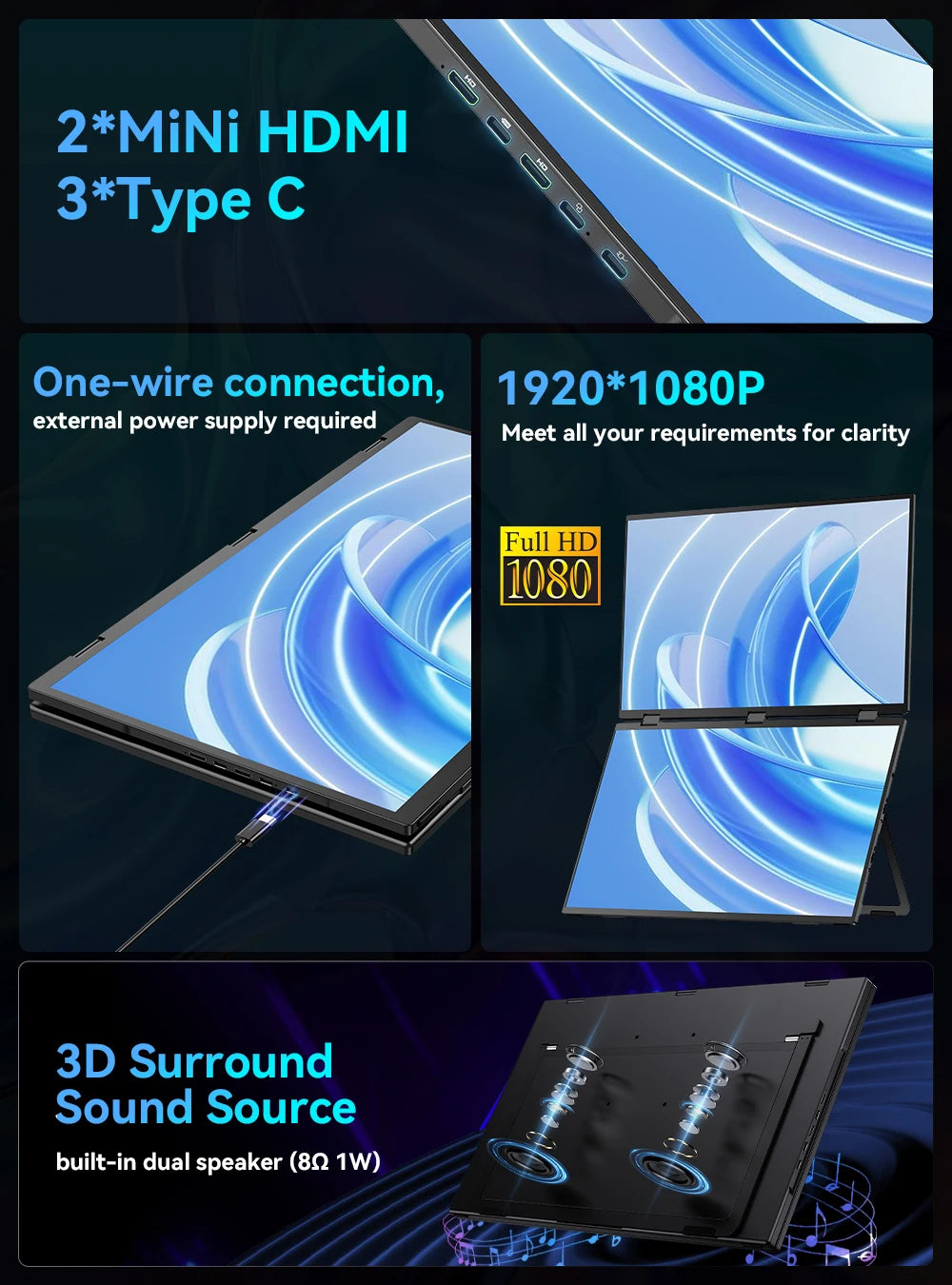 UPERFECT 18.5" Dual Screen Portable Monitor 100Hz 100% sRGB 1080P HDR Folding Versatile Solution For PC Mobile Phone Game Consol