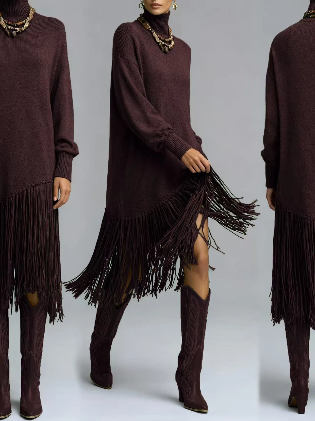 Spring Sexy Turtleneck Tassel Knitted Dress Woman Casual Solid Ribbed Loose Maxi Dress Autumn Long Sleeve Pocket Party Dress