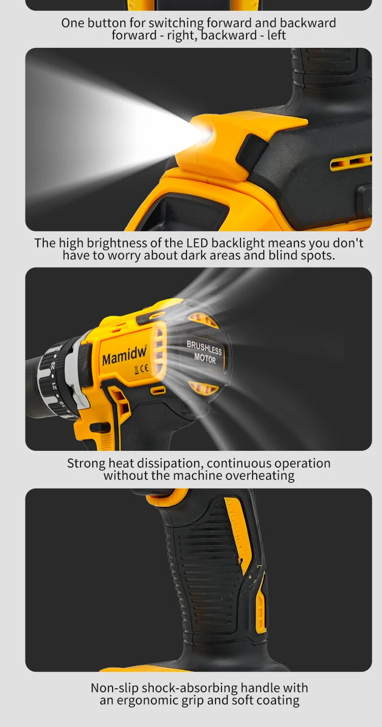 Mamidw 25+3 Multi-speed Torque Adjustment Brushless Electric Drill, Ergonomic Design, Durable Build, Compact Design, Sturdy Construction, Powerful Cordless Screwdriver (Tool Only) for DEWALT 20V Battery PIN Power Tool