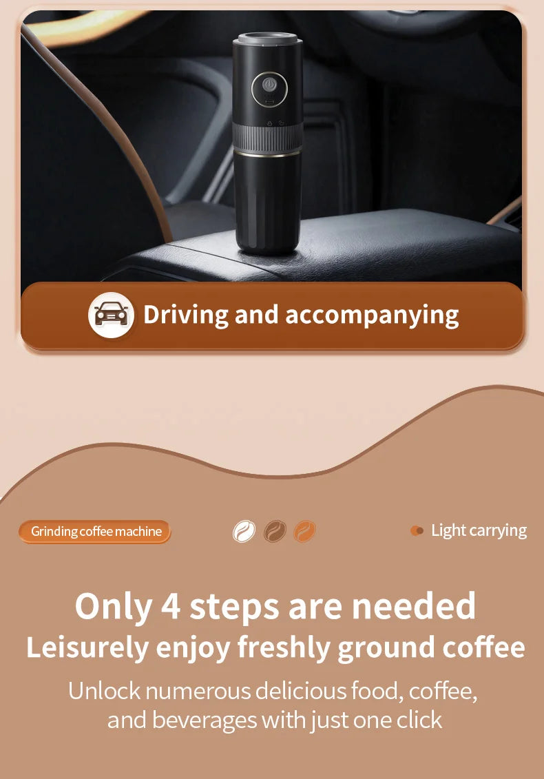 Portable black electric coffee grinder and maker for cars, compact cylindrical design for travel use.
