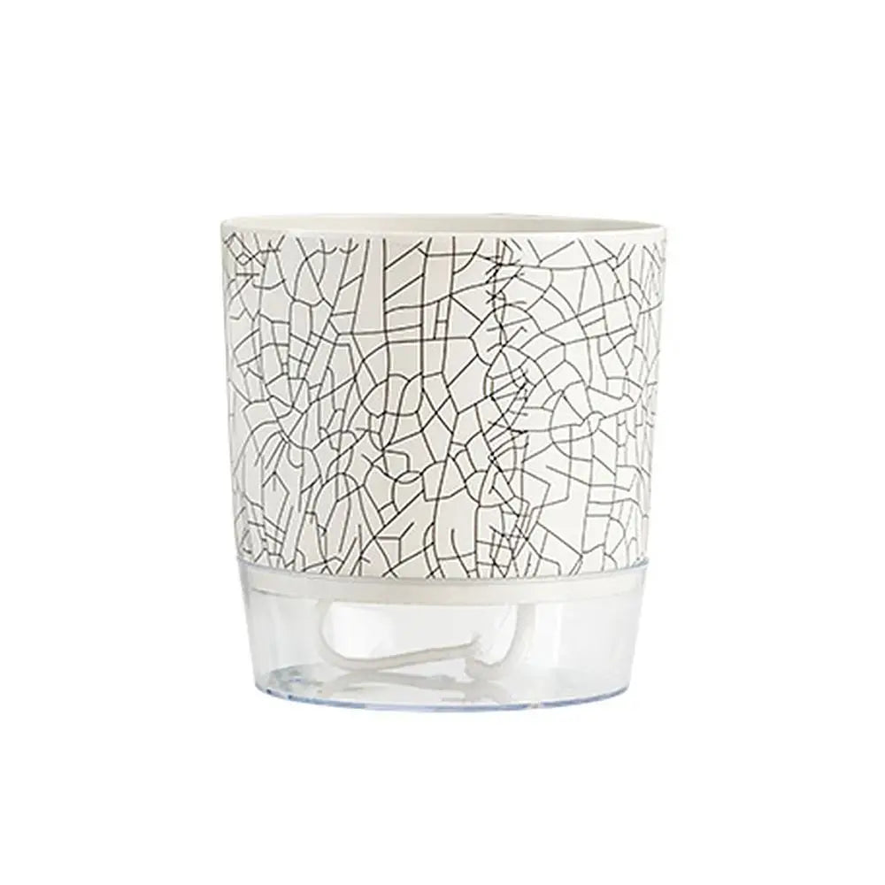 Self-watering plant pot with cracked-ice style pattern on top sleeve and clear water base