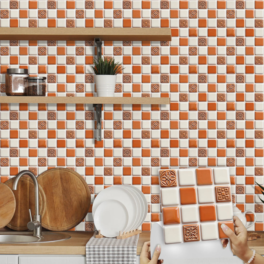 10pcs Flat Mosaic Tiles Sticker Set Kitchen Bathroom Wall Decals Gloss Waterproof Film 2D Surface Cover Transfers for Home Decor